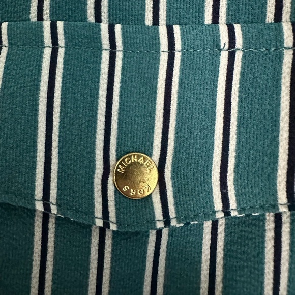 Michael Kors zip Front Green White Nautical Stripe Blouse Small M Gold Buttons - Picture 2 of 6